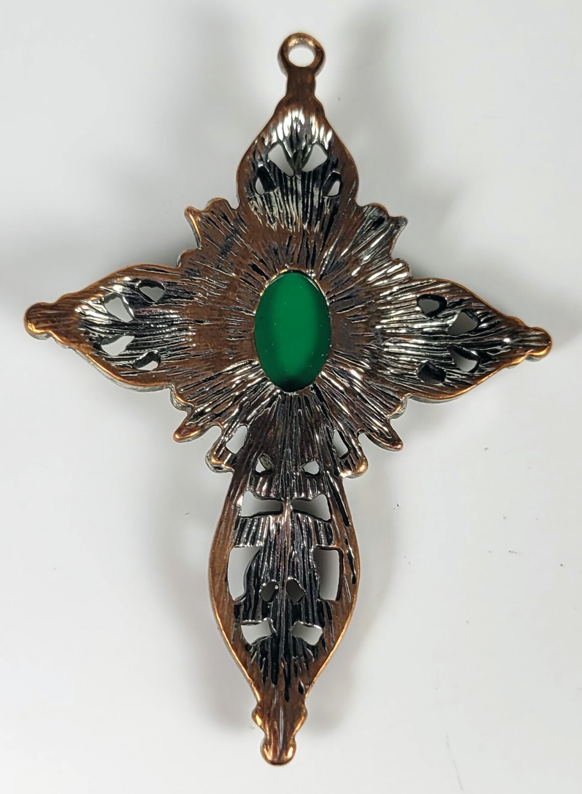 Cross Pendant with Opalescent Green Stone and Faux Pearls – 2 inches Very Good
