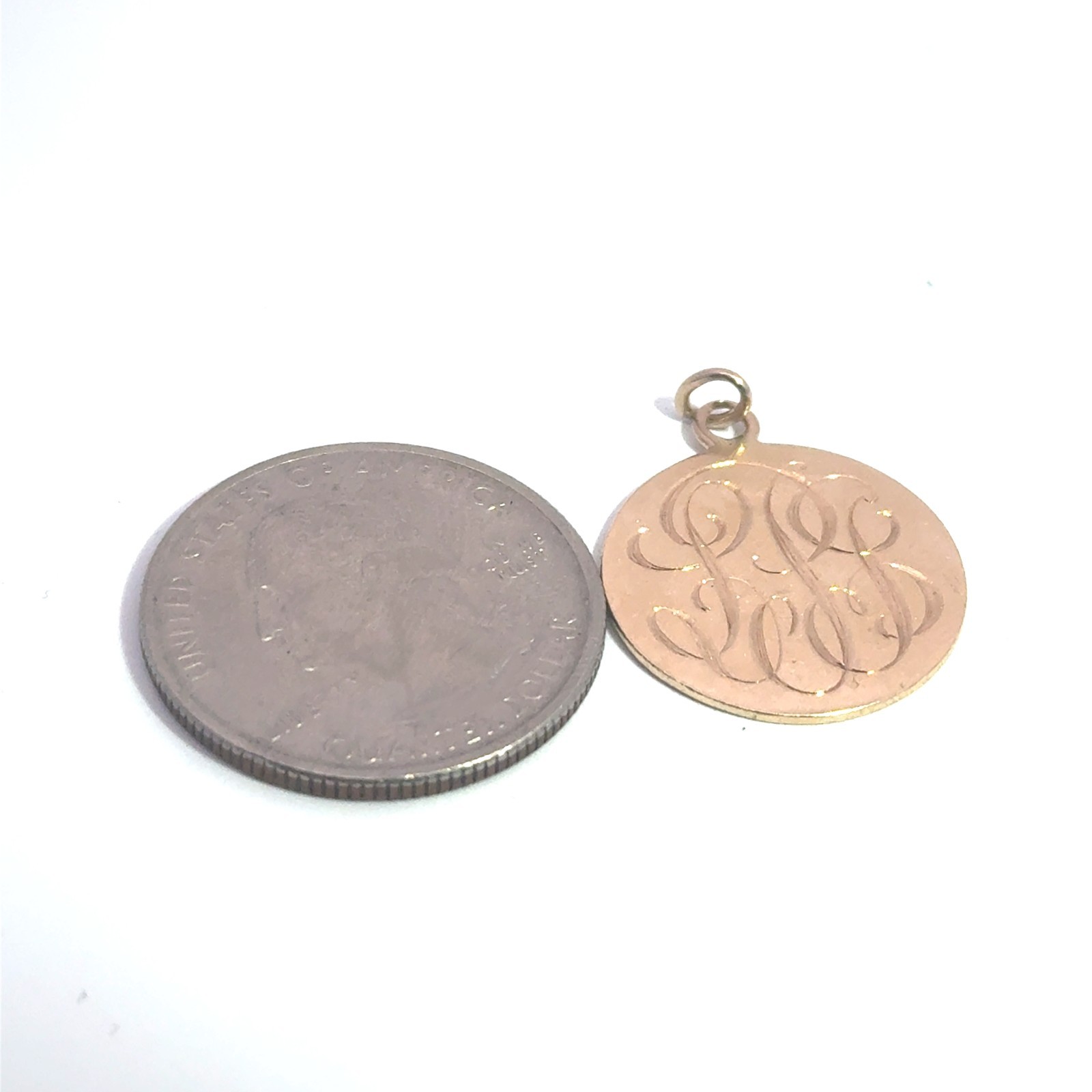 14k Stamped Yellow Gold Hand Engraved “LPB” Monogram Script Vintage Disc Charm