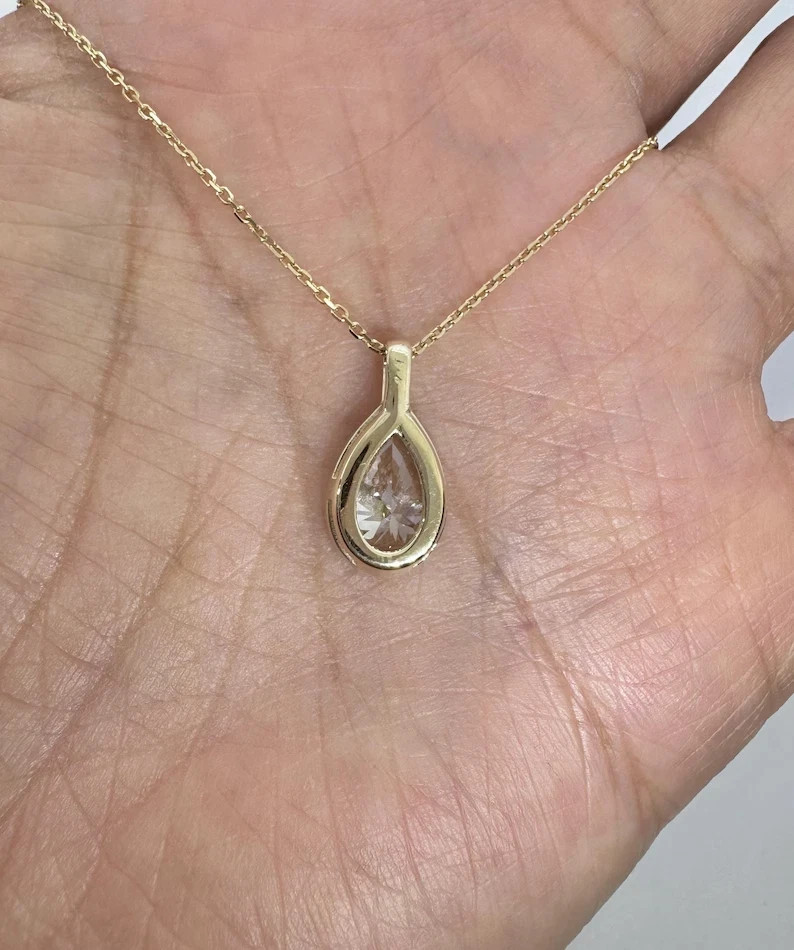 2Ct Pear Cut Moissanite Tear Drop Bezel Solitaire Pendant 14K Yellow Gold Plated