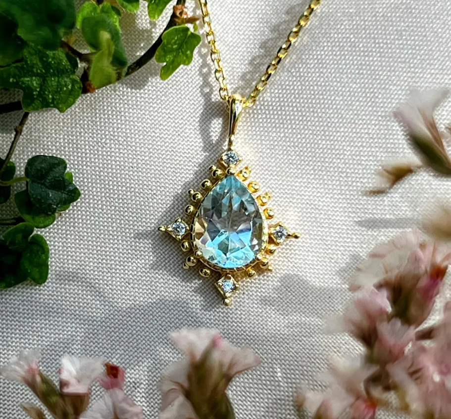 Gold Plated Teardrop Blue Aquamarine Necklace 925 Silver Aquamarine Pendant Gift