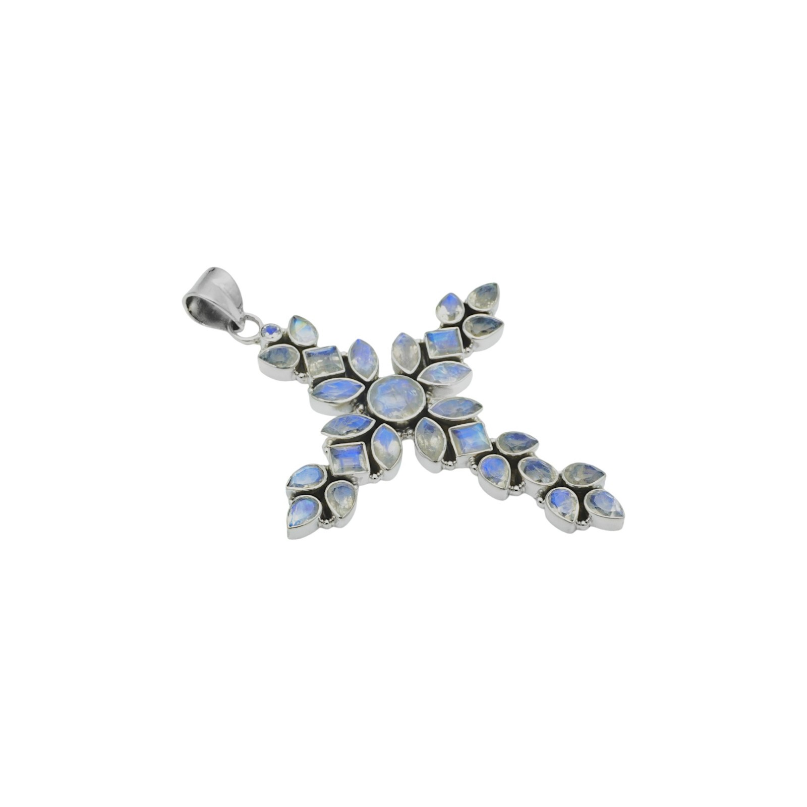 Vintage Style Rainbow Moonstone Cluster Cross Pendant Solid 925 Silver Jewelry