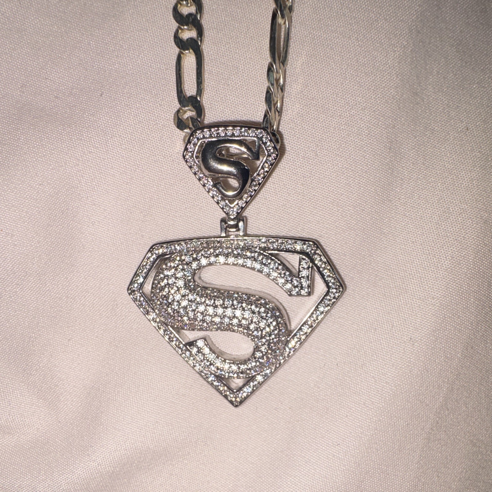 925 Sterling Silver Moissanite ￼Superman S Shield Pendant/Figaro Chain Necklace