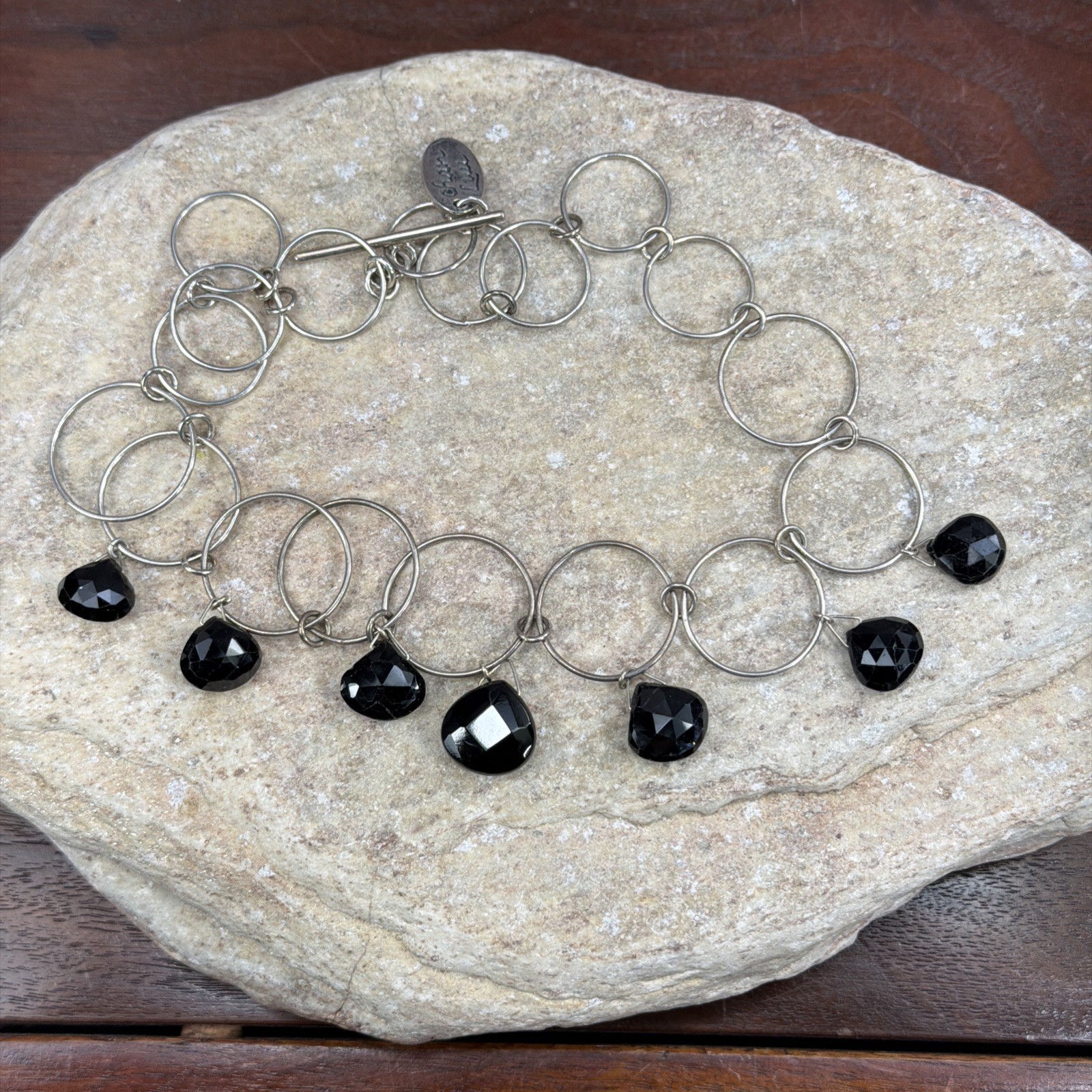 CHAN LUU Layered Necklace Silver Circle Strand Black faceted Crystal Boho 15.5″