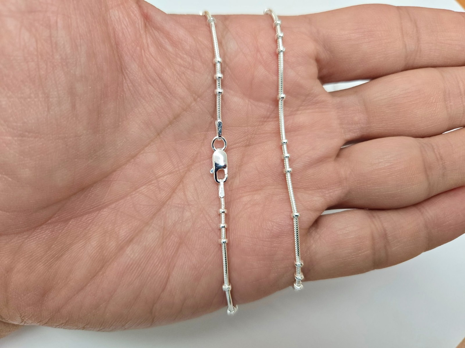 925 Sterling Silver Fine 3 + 1 Beaded Snake Station Chain Necklace 1mm 7″ to 30″
