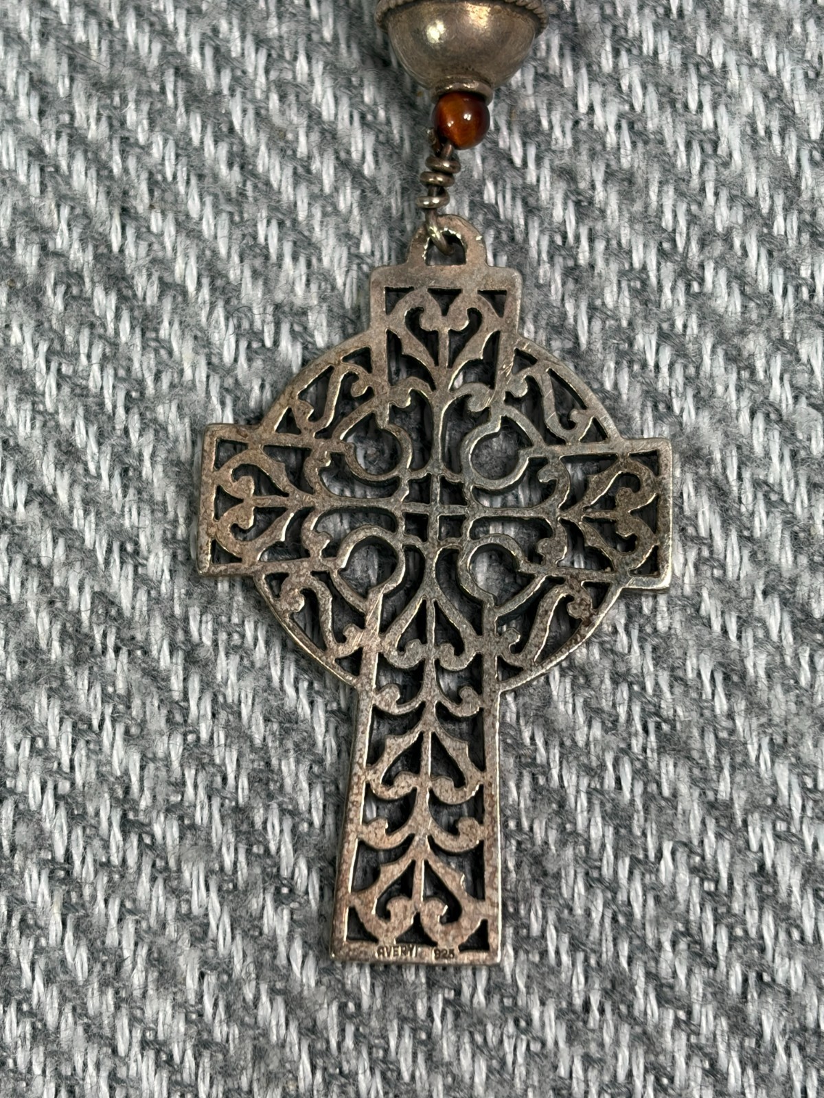 James Avery Retired Openwork Celtic Cross Tiger Eye Coral Bead Necklace 925