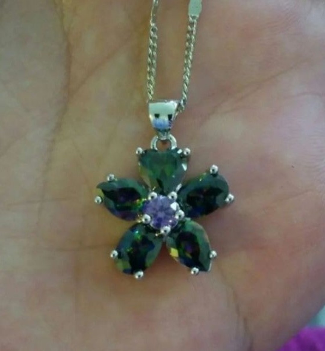 Sterling Silver 925 Mystic Topaz/Amethyst Heart Cut Flower Pendant Necklace Set!