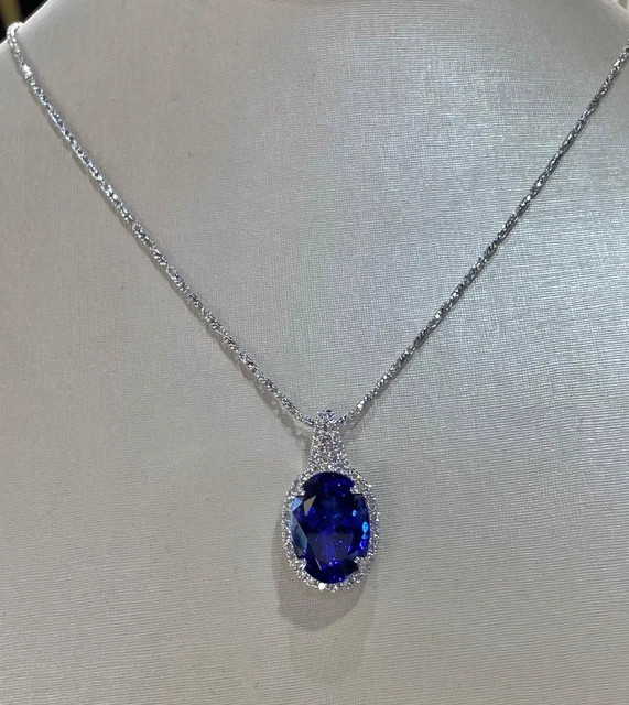 3Ctw Oval Cut Lab-Created Blue Sapphire Halo Pendant 14K White Gold Plated 18″