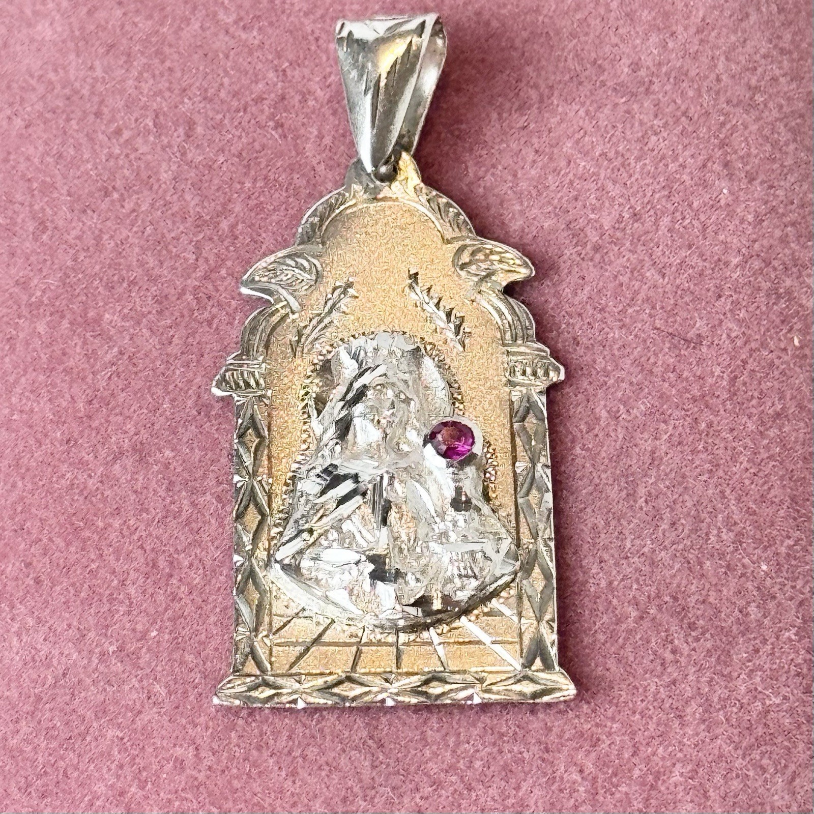 Sterling Silver 925 Santa Barbara 1 5/8in Pendant-Charm w/ Ruby / 3.5 Grams