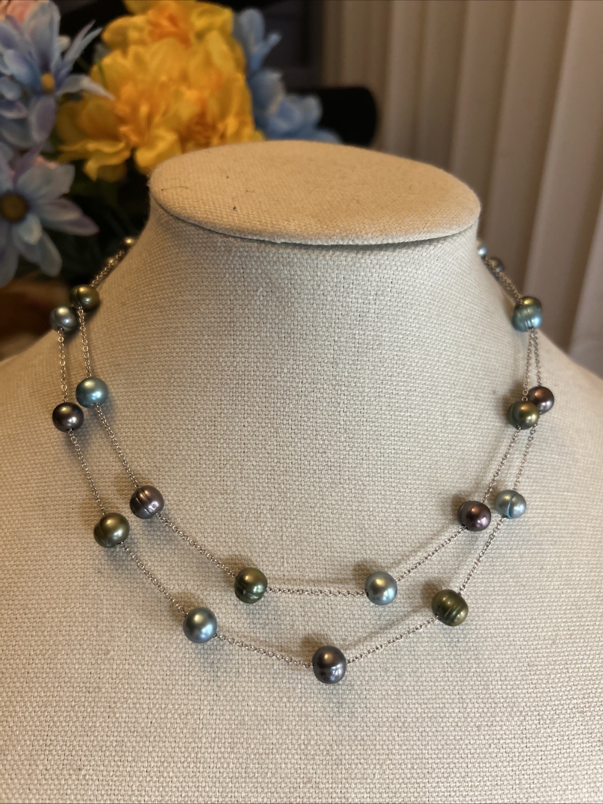 32. HONORA Sterling 925 Peacock Green Blue Pearl Station Necklace 36″, 26.7g