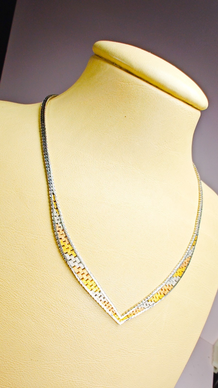 925 Italy Sterling Silver Tri Color Woven V Necklace 16″ Box Clasp 11.88g