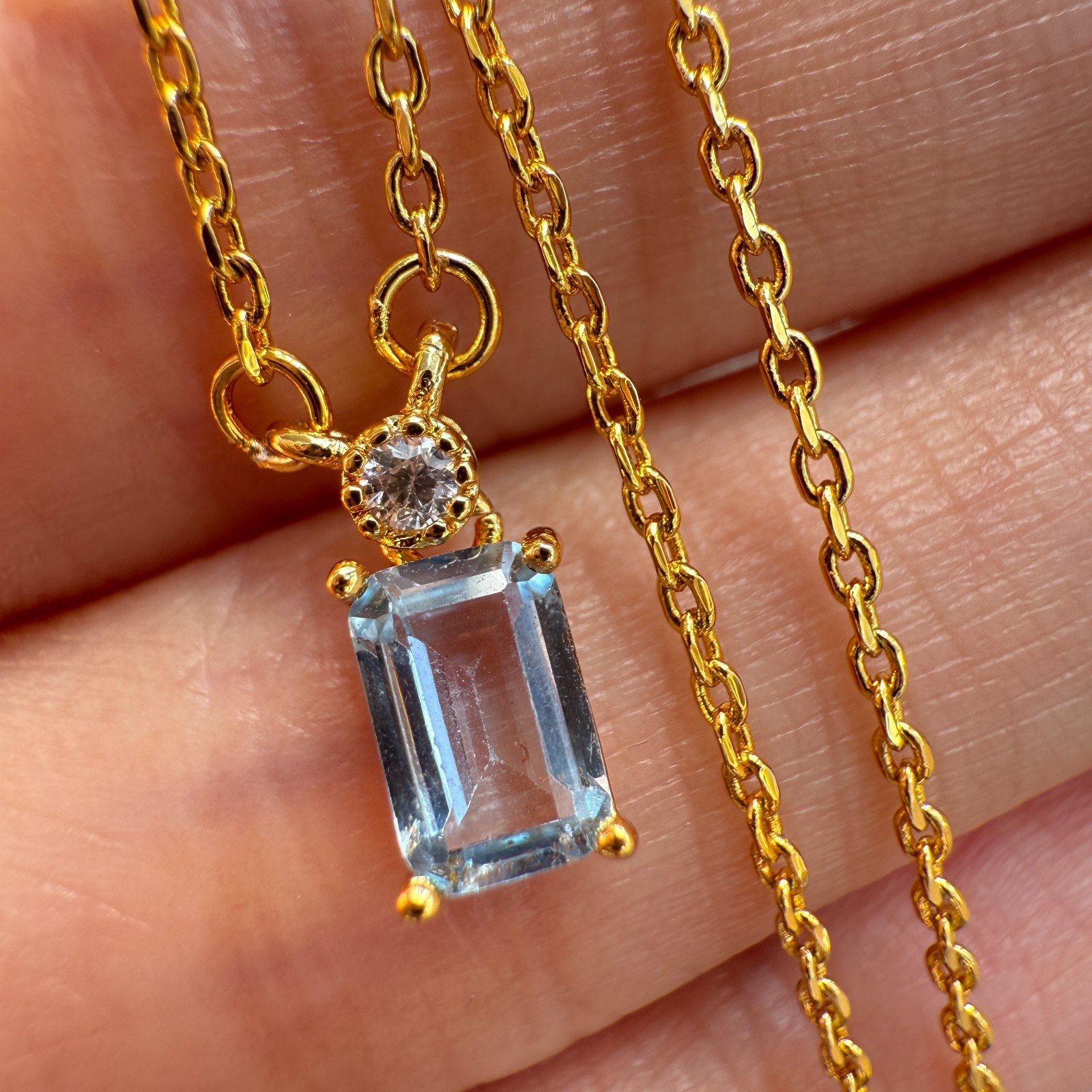 925 Sterling Silver Necklace 6x4mm Natural Blue Aquamarine 14K Gold Plated Chain