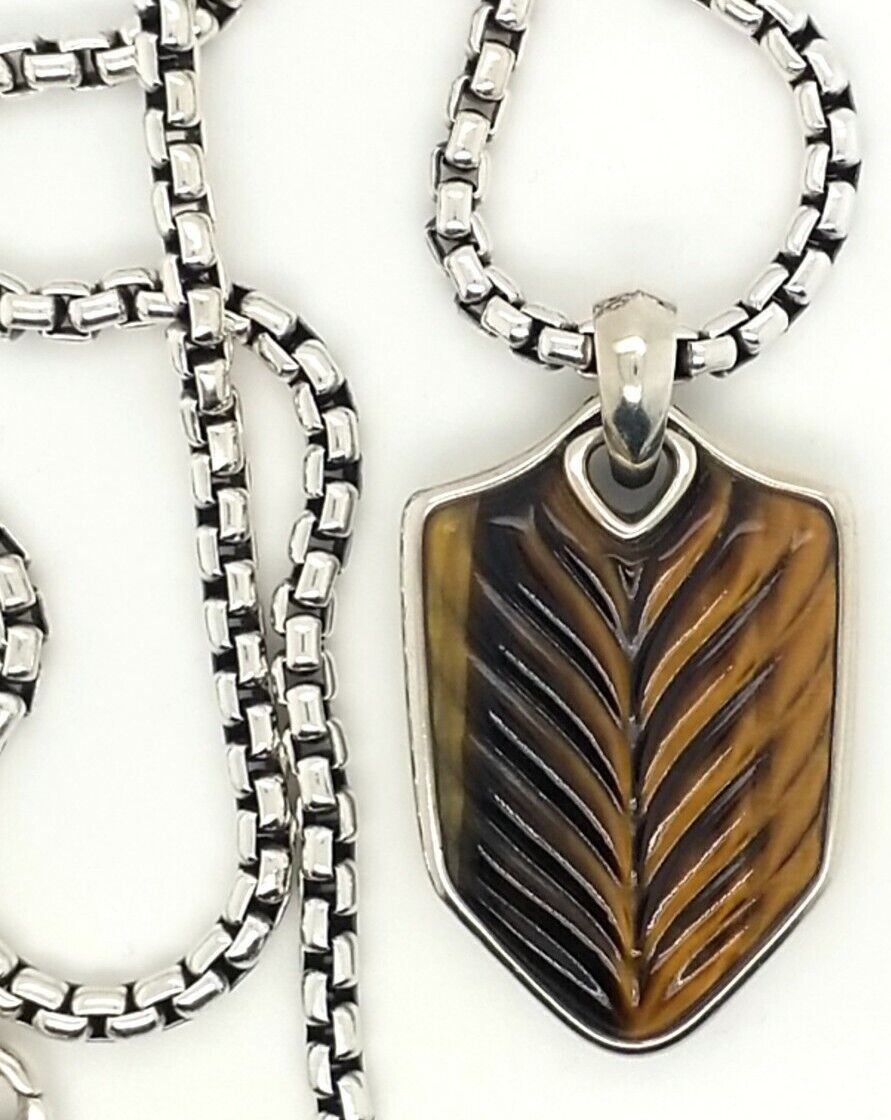 22″ David Yurman 925 Silver Neckace with Carved Tigers Eye Chevron Pendant
