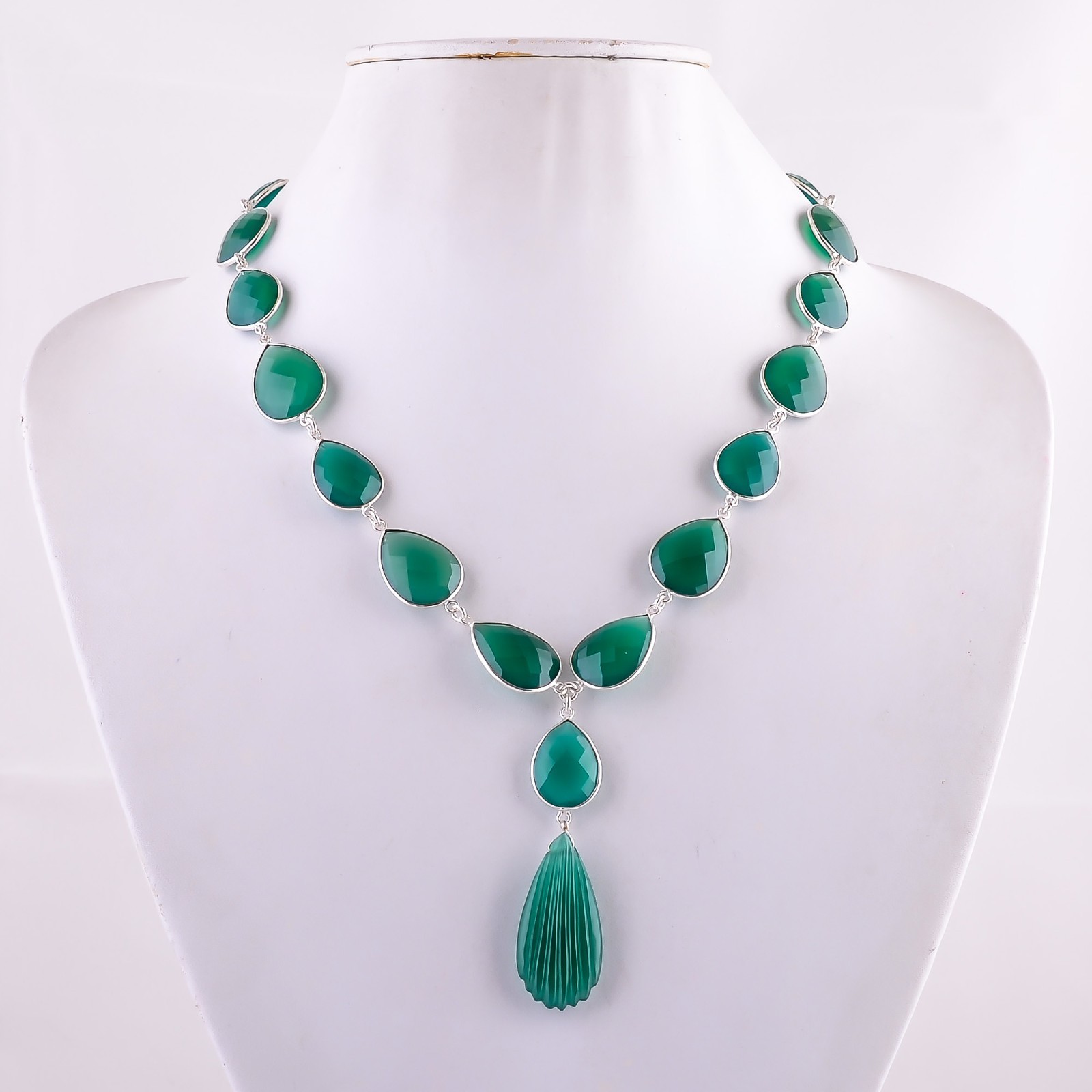 Exclusive Green Onyx Pear Gemstone Charm Necklace Silver or Gold Plated Chain