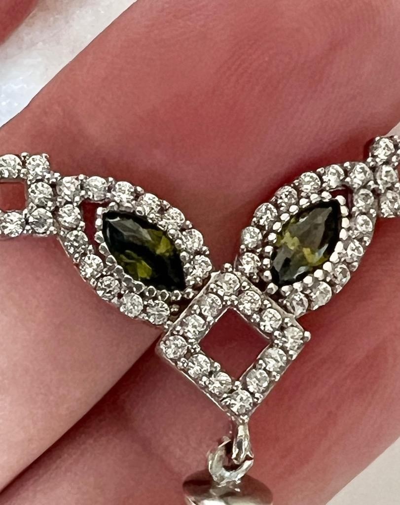 REAL PERIDOT Pearl SAPPHIRE 14K W Gold on SOLID 925 Drop Necklace PINK Victorian