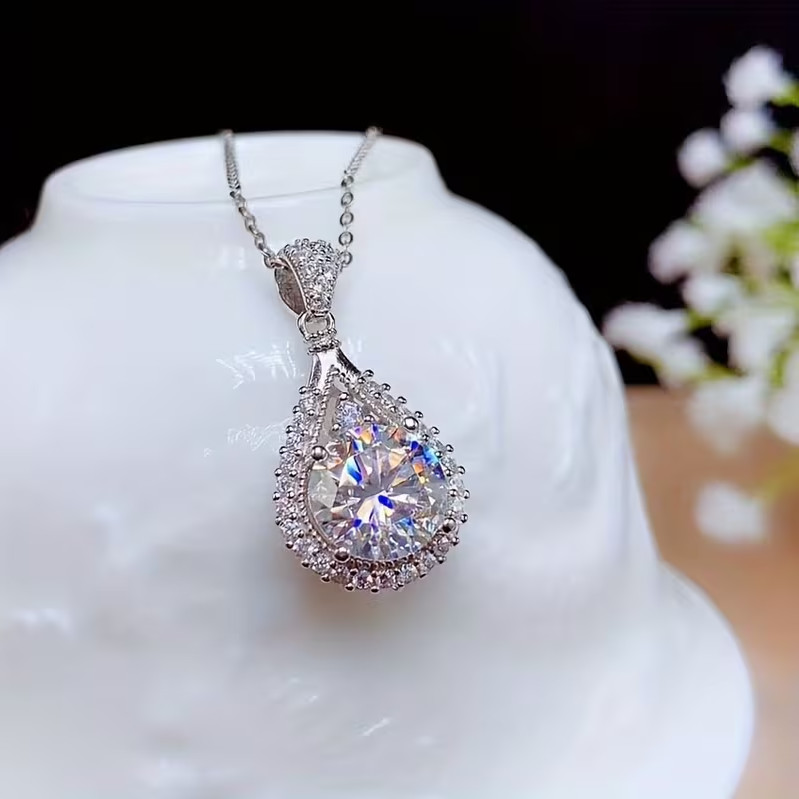Sparkling White Moissanite Wedding Halo Pendant 14k White Gold 2.50 CT Round Cut