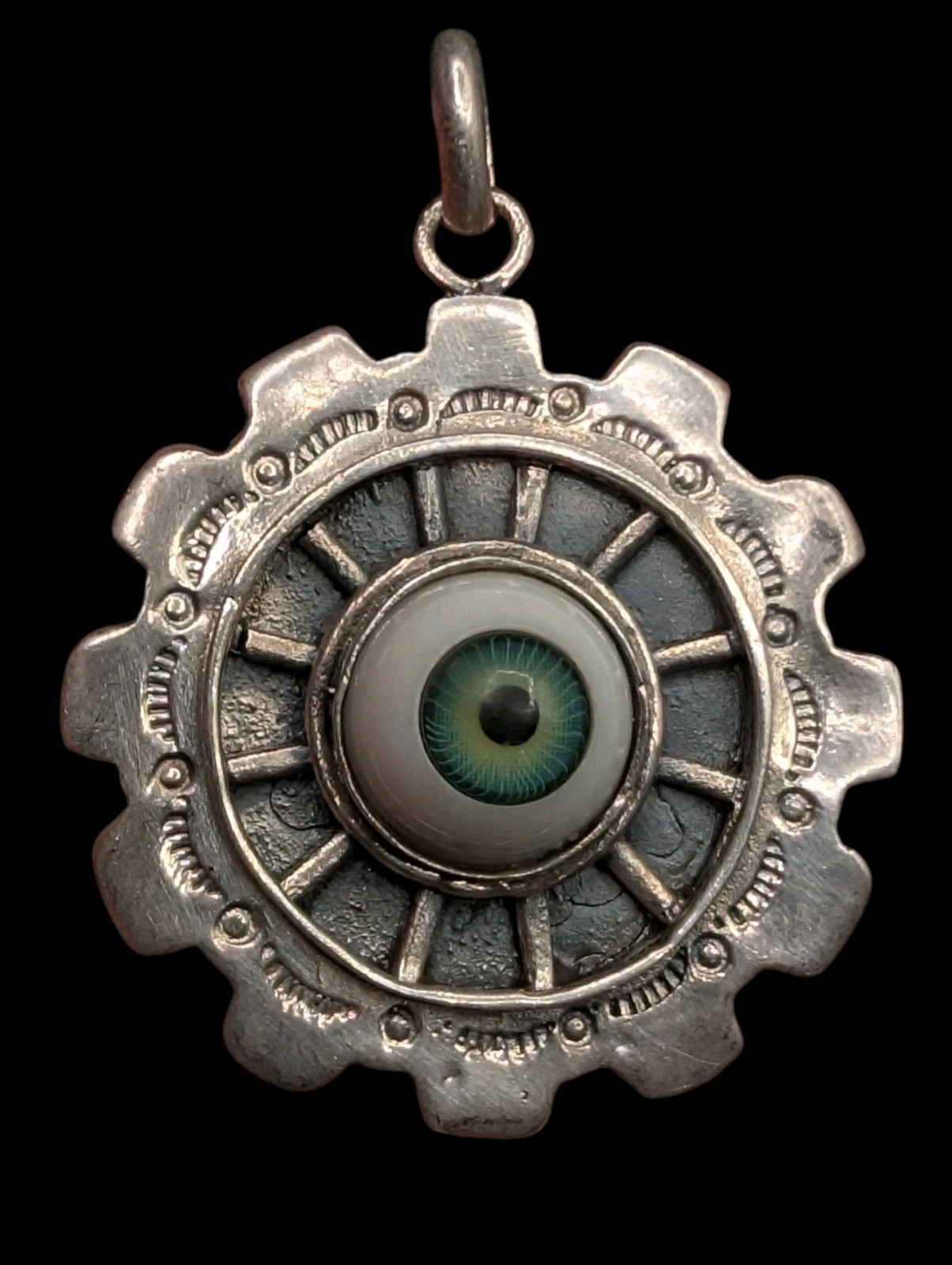 Sterling Silver 925 Evil Eye Good Luck Protection Stamped Steampunk Gear Pendant