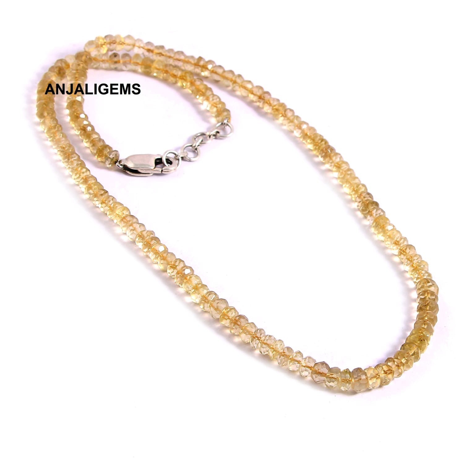 18K White Gold Finished AA+ Natural Golden Topaz Beads Necklace Over 925 Silver