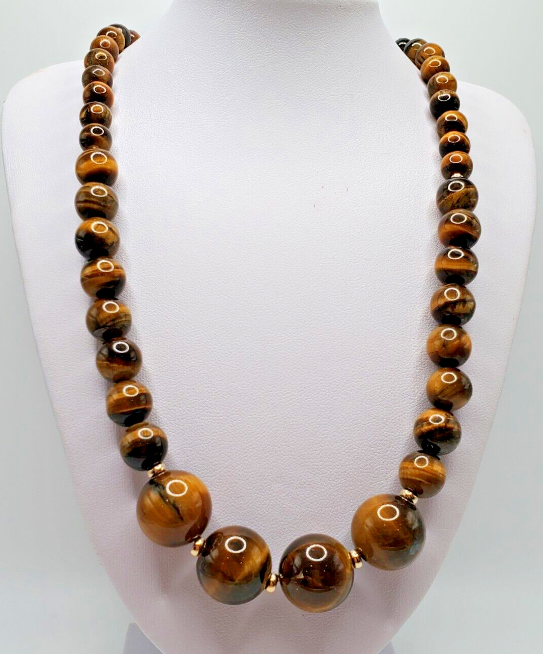 New 20″ Genuine Natural Tiger’s Eye Graduated Necklace W/ 14KYG Beads & LC Clasp