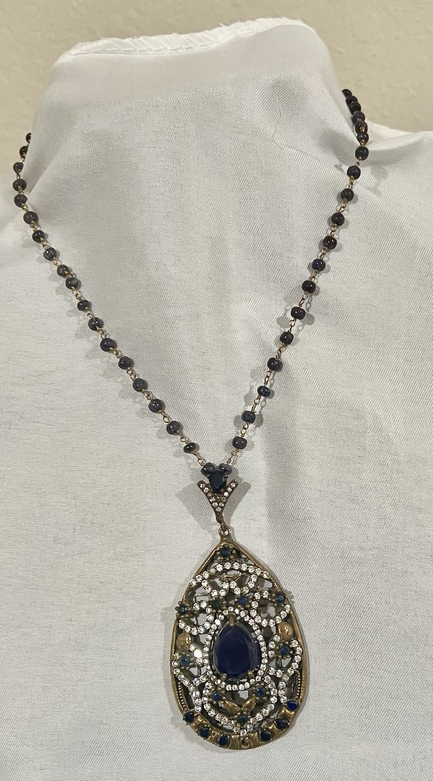 Turkish Necklace & Pendant Sterling Silver, Sapphire And Crystals w/ Bead Chain