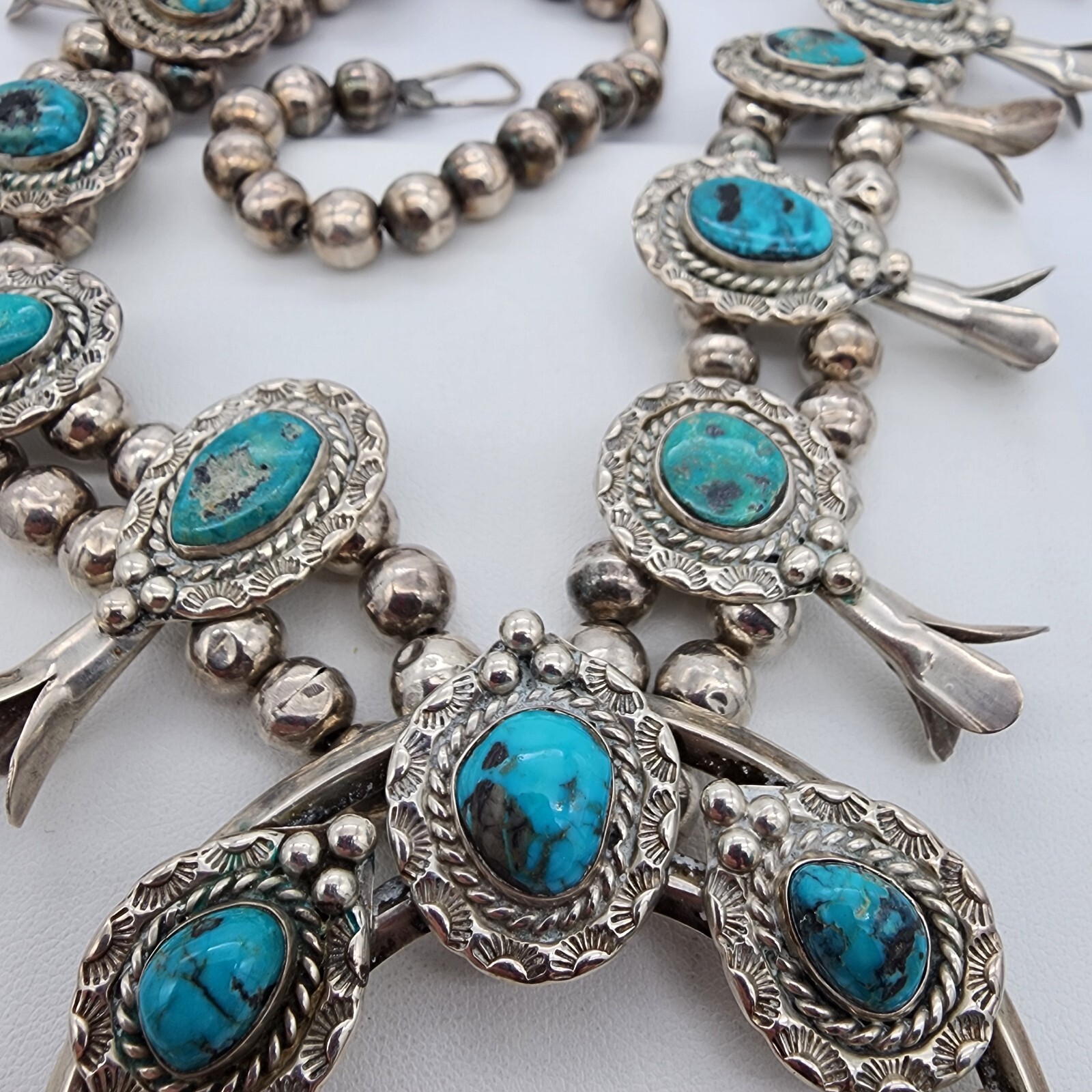 Sterling Silver 925 Navajo Calvin Desson Sleeping Beauty Squash Blossom Ag 24249