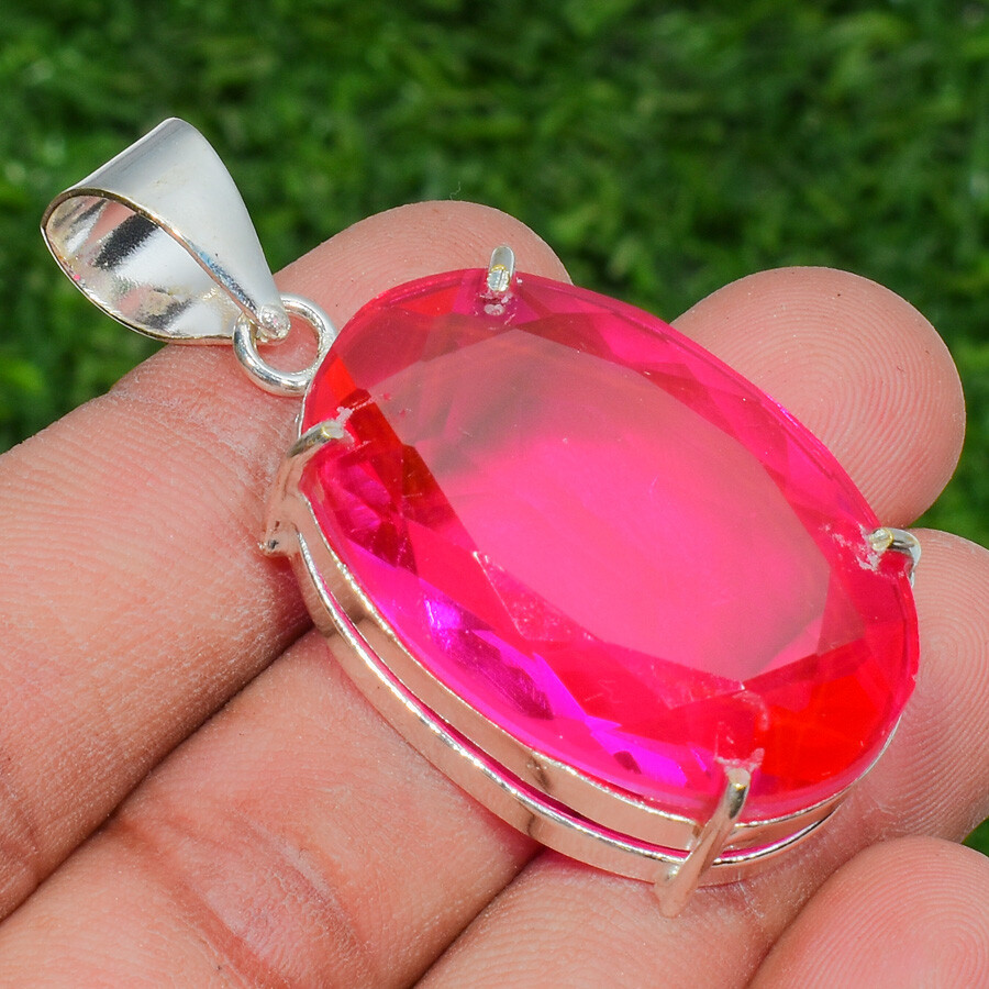 Pink Rubellite Gemstone Handmade 925 Sterling Silver Jewelry Oval Cut Pendant