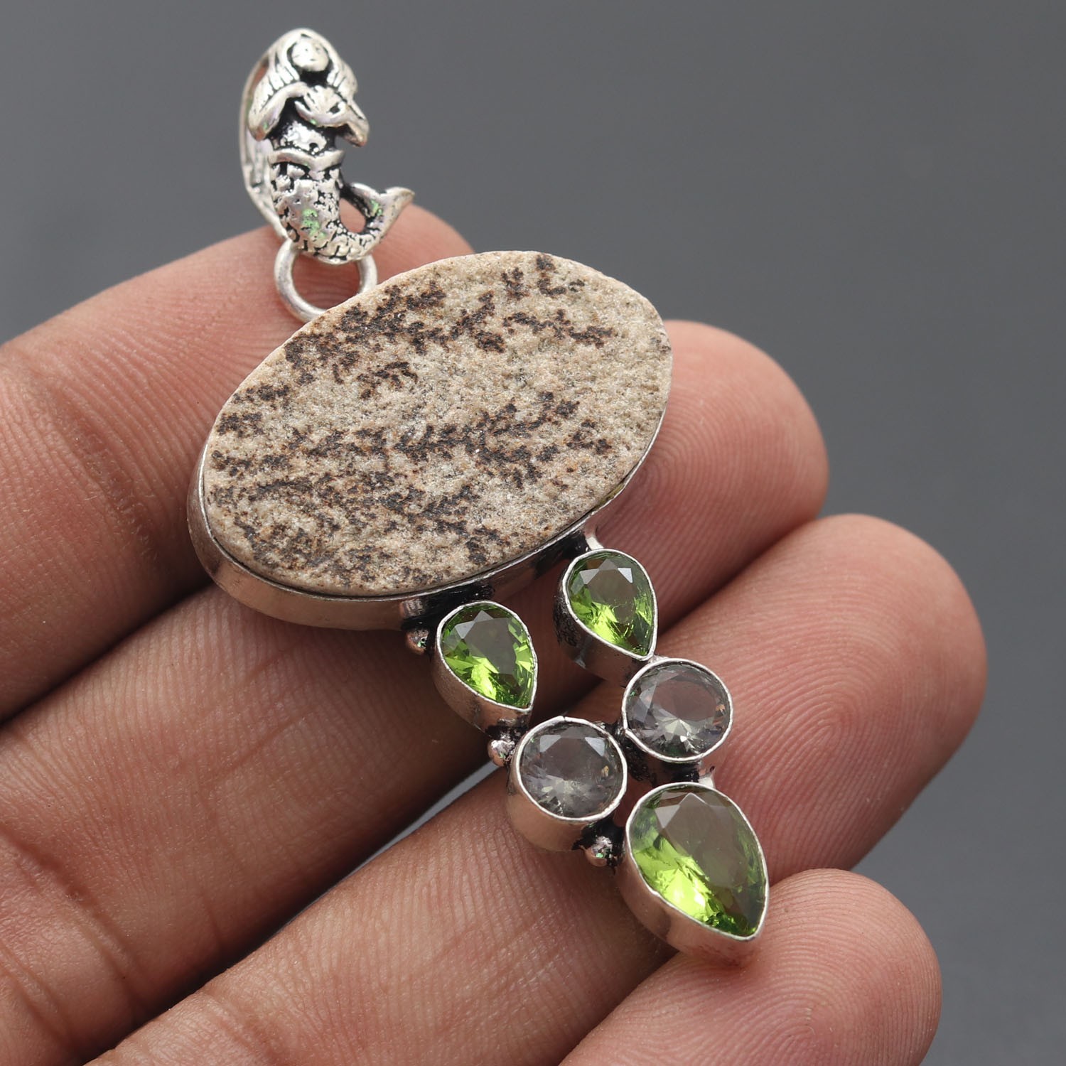 German Dendrite Gemstone 925 Sterling Silver Handmade Pendant Jewelry Gift For
