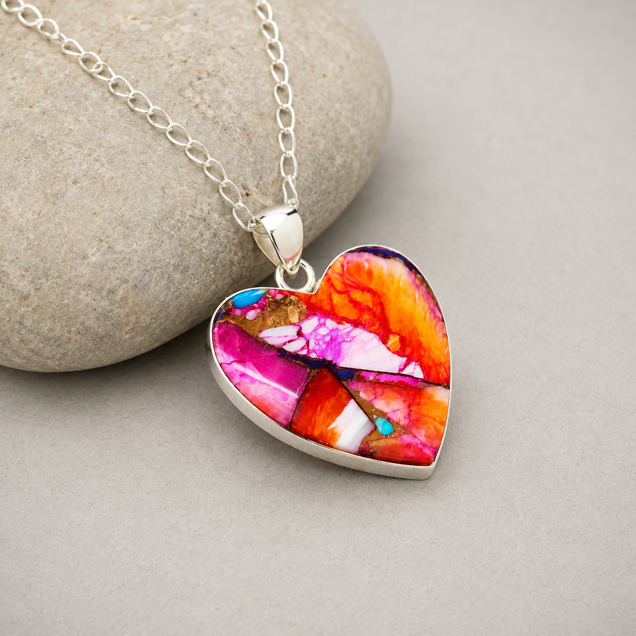 Spiny Oyster Turquoise Heart Pendant Necklace 925 Sterling Silver Free Chain