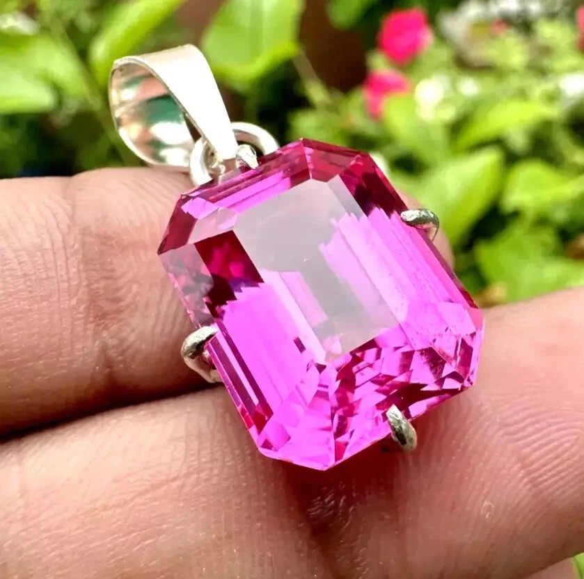 25 CT Natural Pink Emerald Sapphire Cut 925 Solid Silver Gemstone Pendant