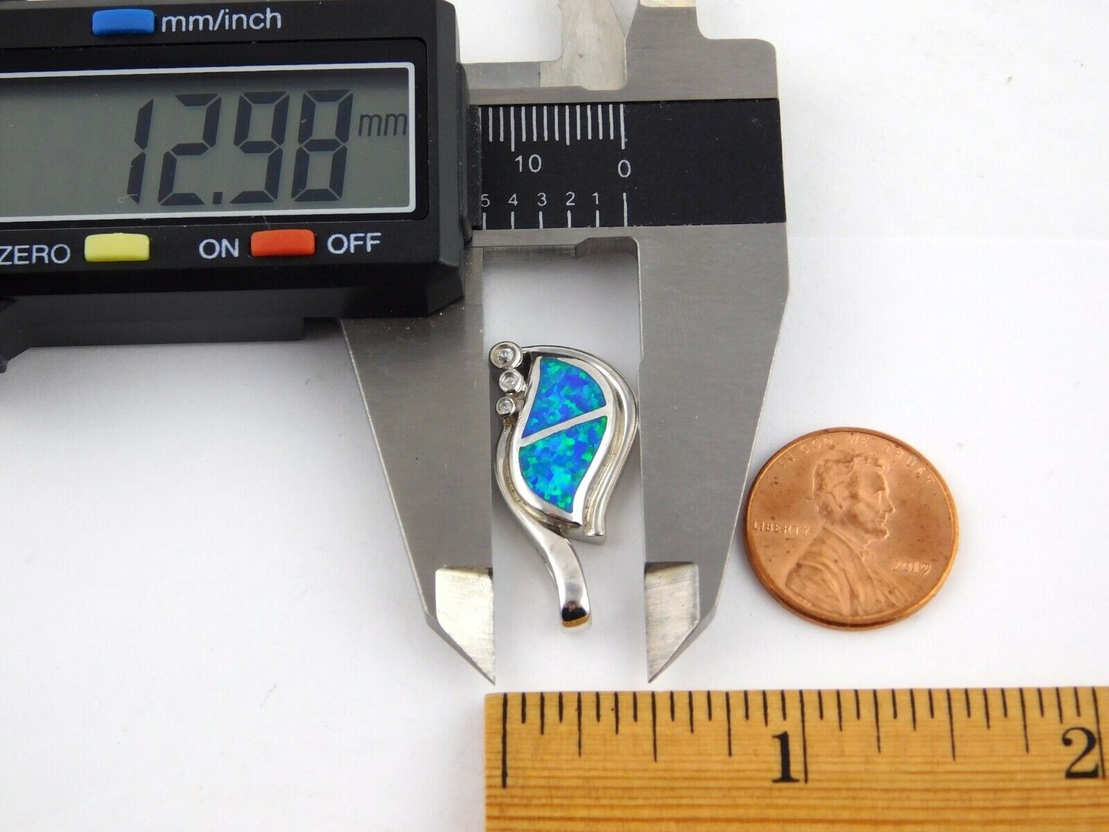 Sterling Silver Lab Created Blue Opal Inlay White CZ Accents Pendant 5g 1 1/8 In