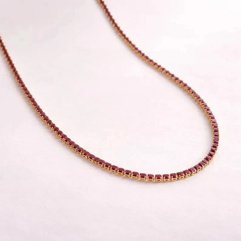 15TCW Round Lab Created Red Ruby Women’s Tennis Necklace 14K Yellow Gold Finish