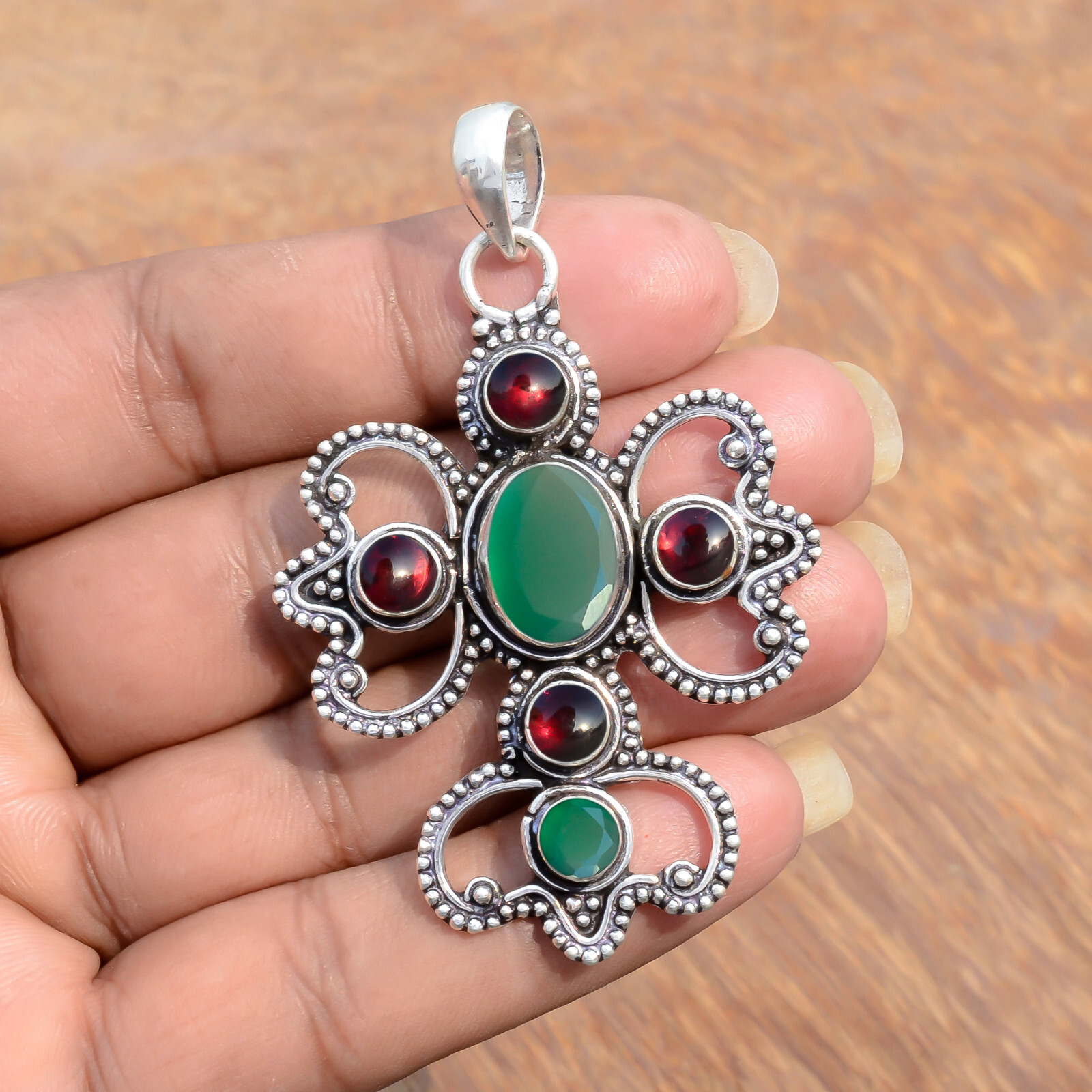 Green Onyx & Garnet Gemstone 925 Sterling Silver Cross Beauty Art Gift Pendant