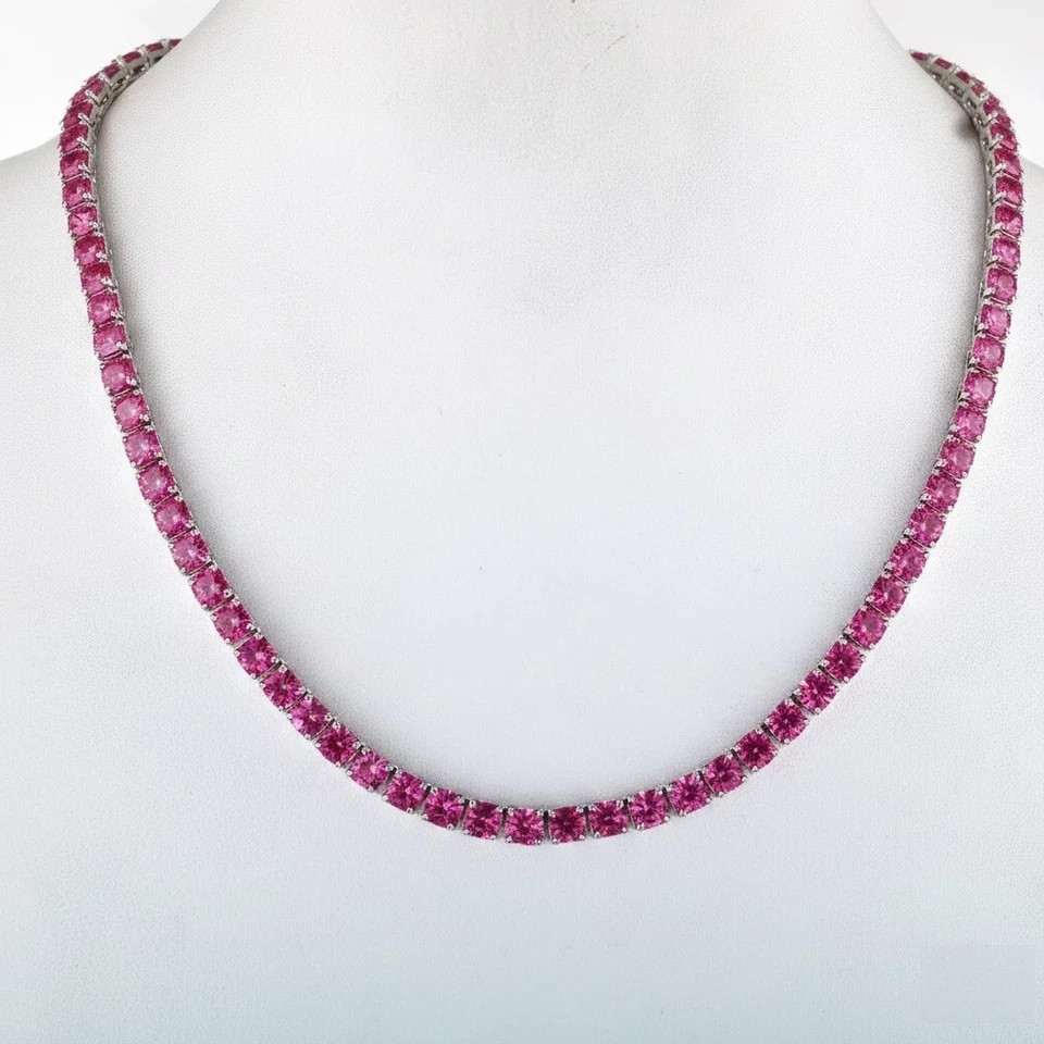 3MM Round Cut Lab Created Pink Ruby Tennis Necklace 14k White Gold Plated