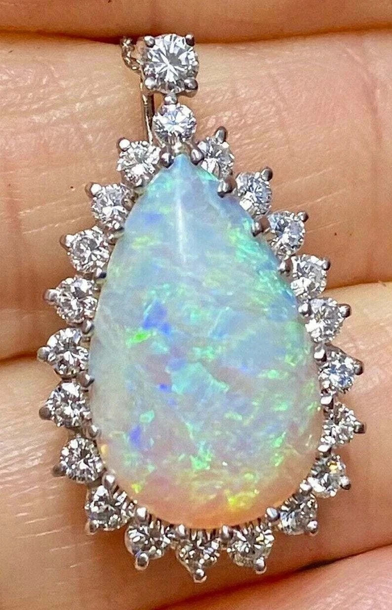 4Ct Pear Cut Fire Opal Diamond Halo Women Pendent 14K White Gold Over