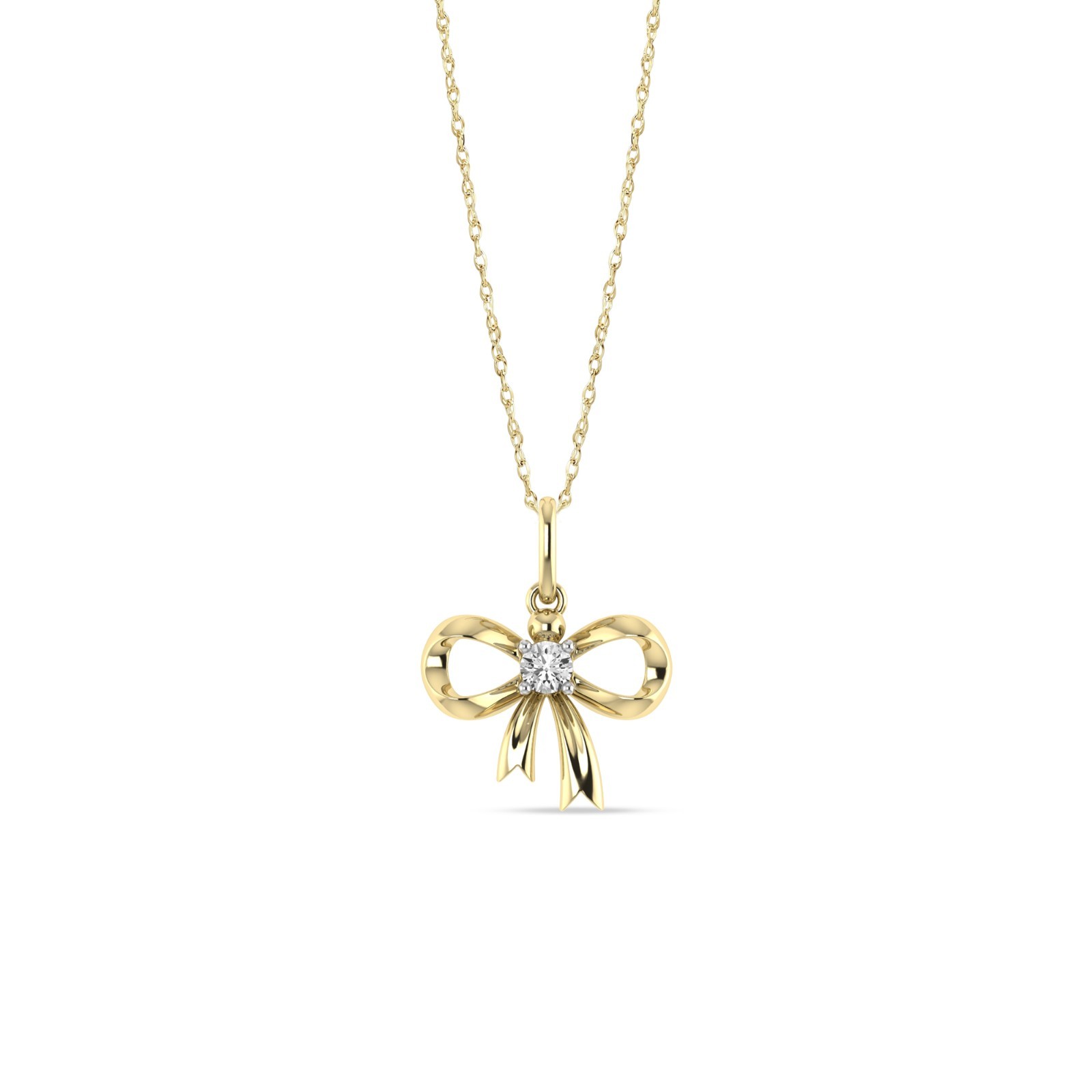 Bow Ribbon Pendant 1/10 Ctw Round Cut Lab Grown Diamond With Chain in 10K Gold