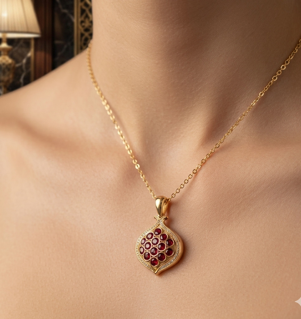 14K Gold Plated Lab Created Garnet Pomegranat Shape Pendant Necklace for Womens