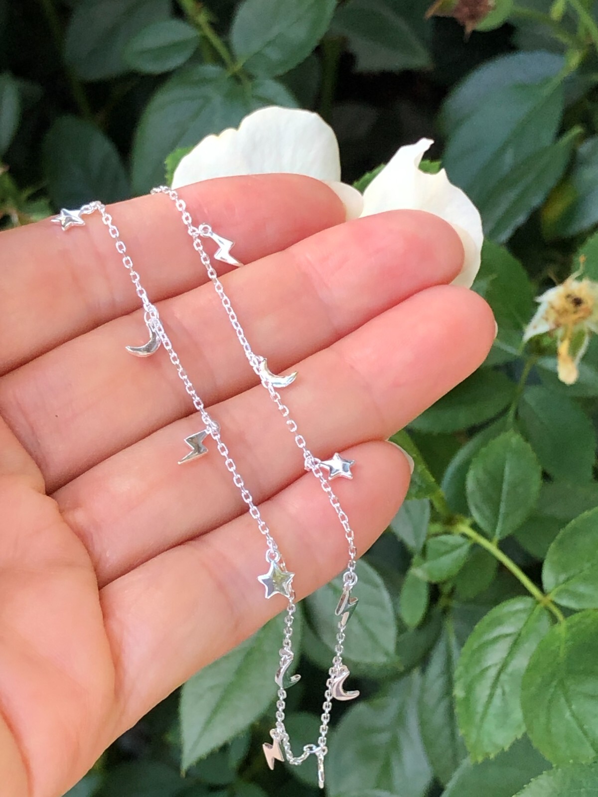 925 Sterling Silver Star Moon Lightning Station Choke Necklace Girls 6mm 15.5″