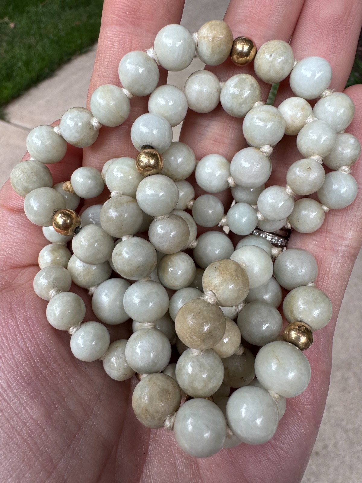 Vintage 33″ White Celadon Jade Bead Necklace 14K Gold Accents Hand Knotted 109g
