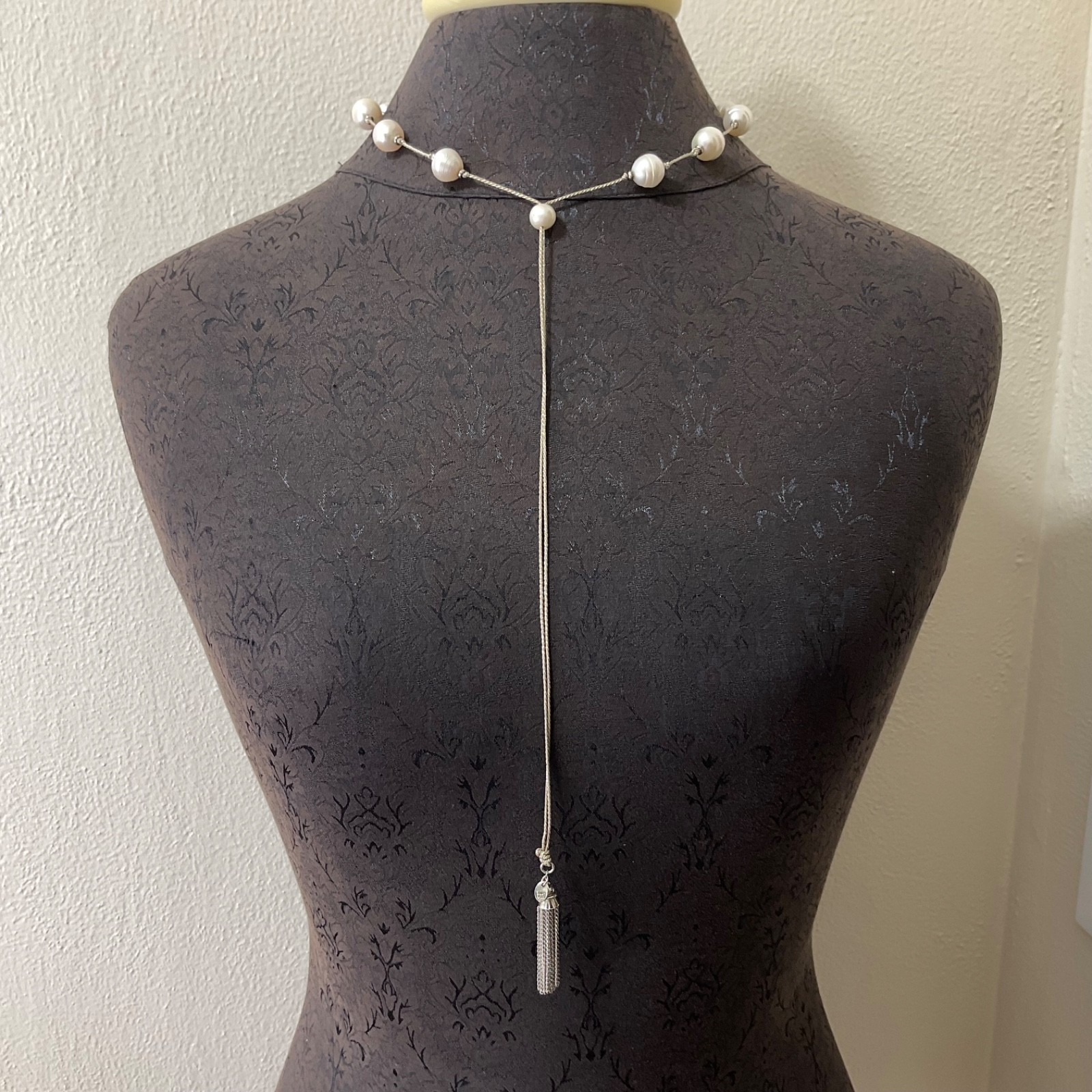 LUC Lucas Lameth Genuine Baroque Pearl Lariat Necklace Sterling Silver Tassel