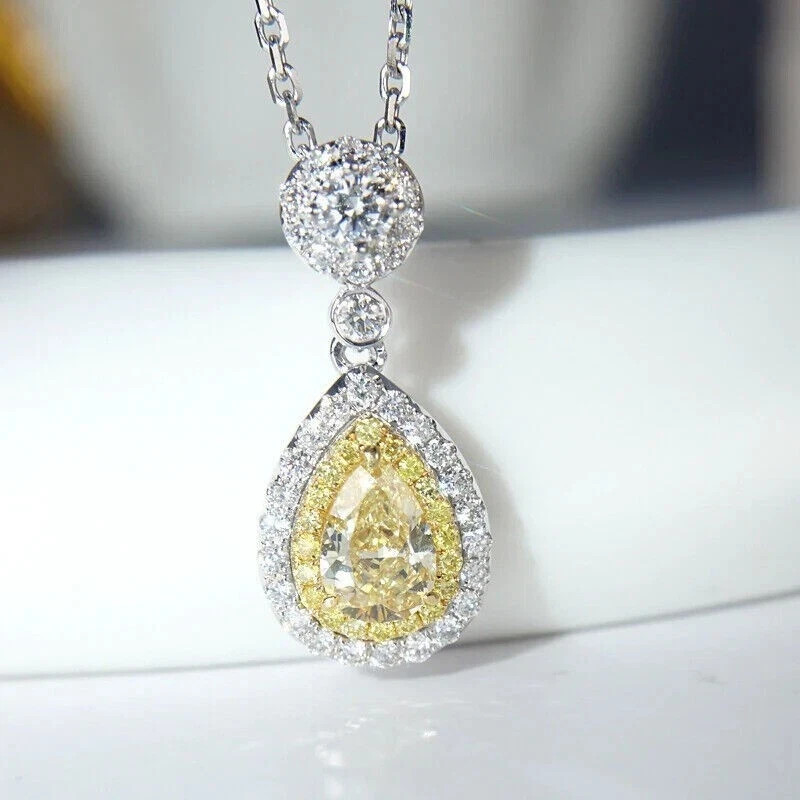 2.00Ct Pear Cut Lab Created Citrine Teardrop Halo Pendant 14K White Gold Plated