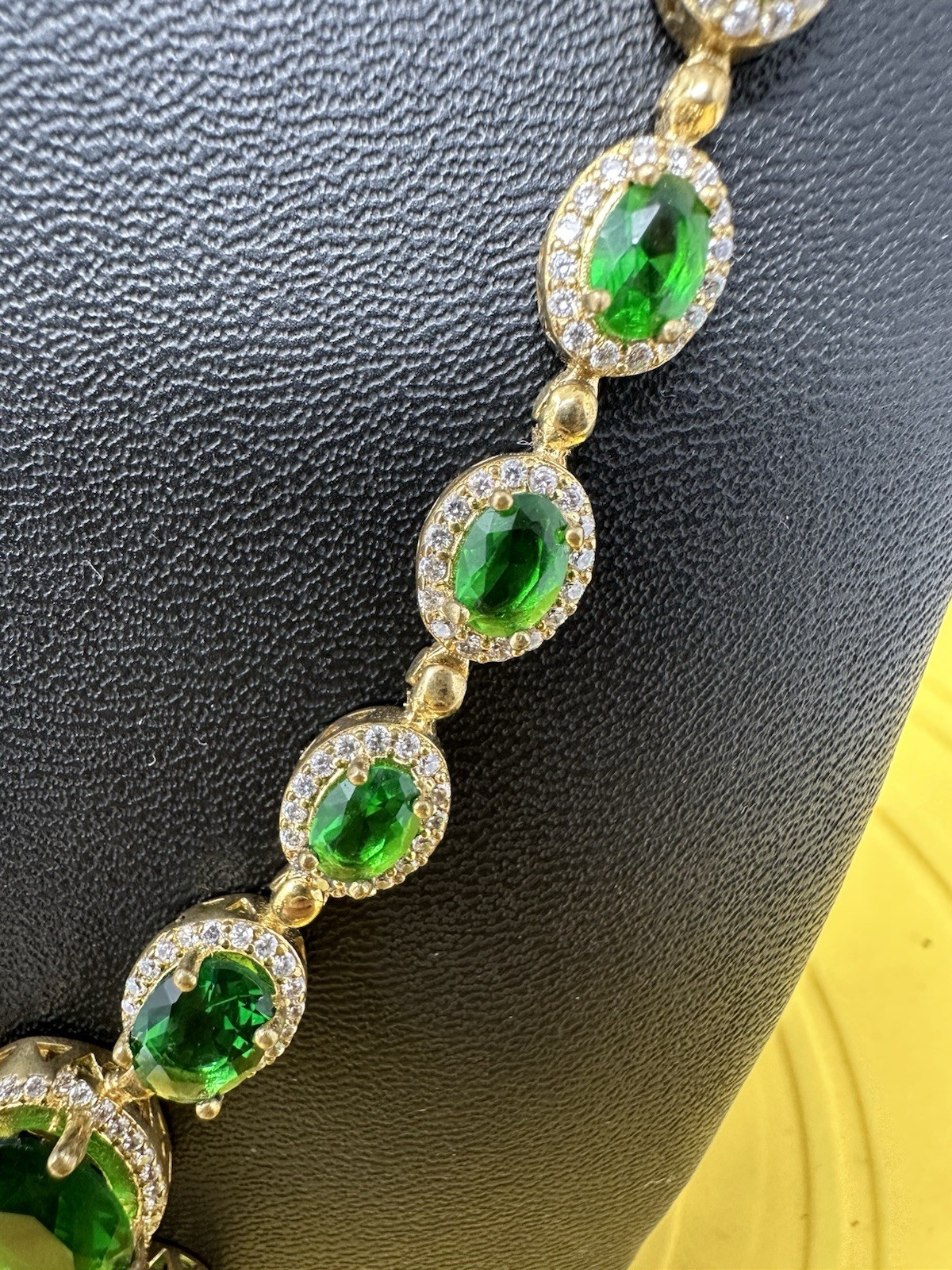 Sterling Silver Emerald & CZ Choker Tennis-Style Choker Necklace Chic 40g 18 In