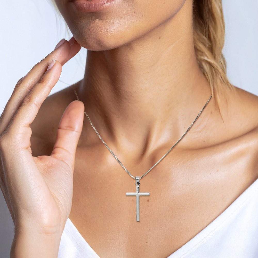 14K Solid White Gold Extra Large Cross Pendant Necklace 38mm 1-1/2 inch