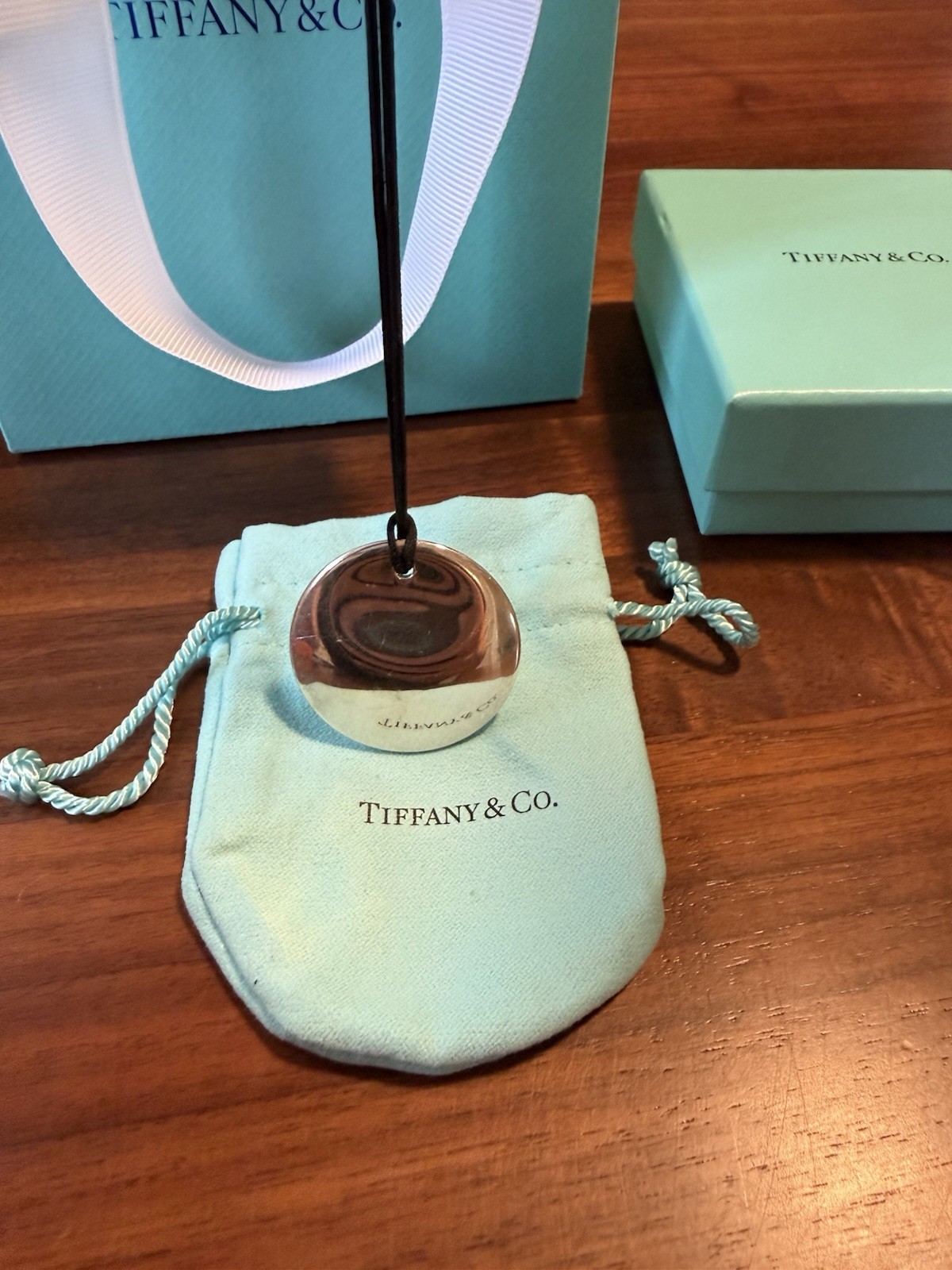 Tiffany & Co. Signed 925 Sterling Silver Round Disc Pendant Black Cord Necklace
