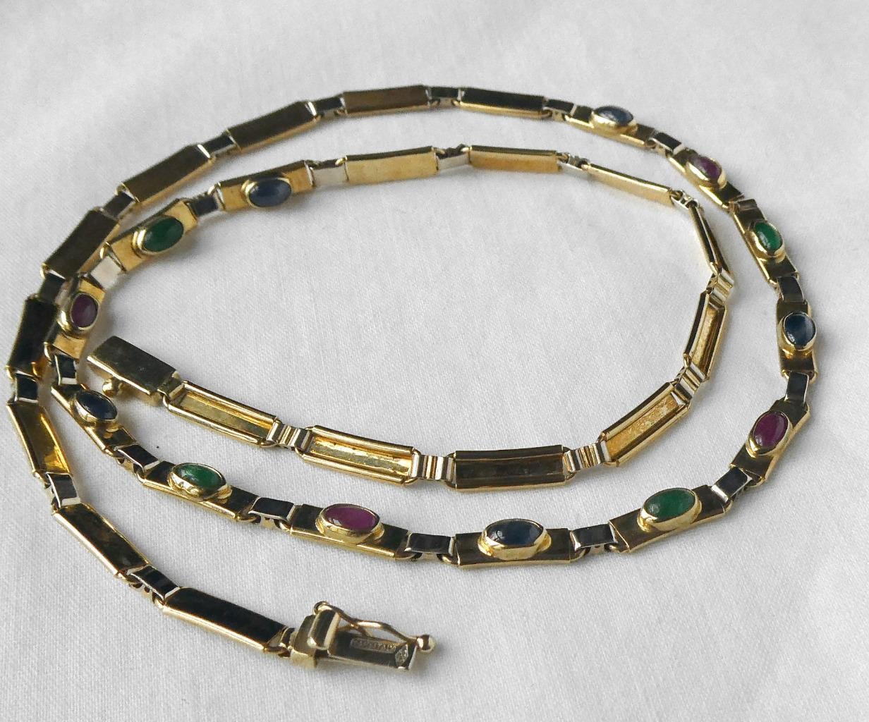 14k Gold Emerald Ruby Sapphire Multi Gems Cabochon Necklace Italy 14.3gr 17.5″