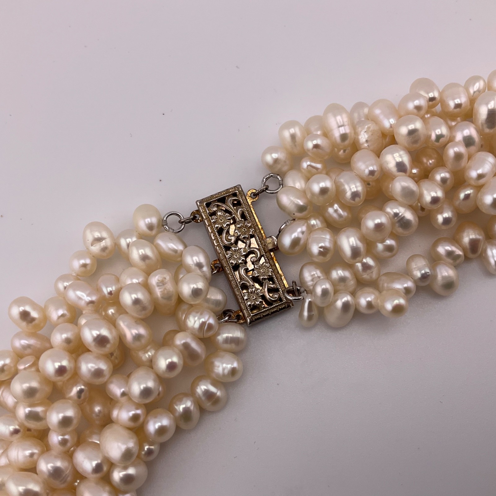Vtg Freshwater Pearl Multi Strand Necklace 925 Gold Vermeil Filigree Clasp 18.5”