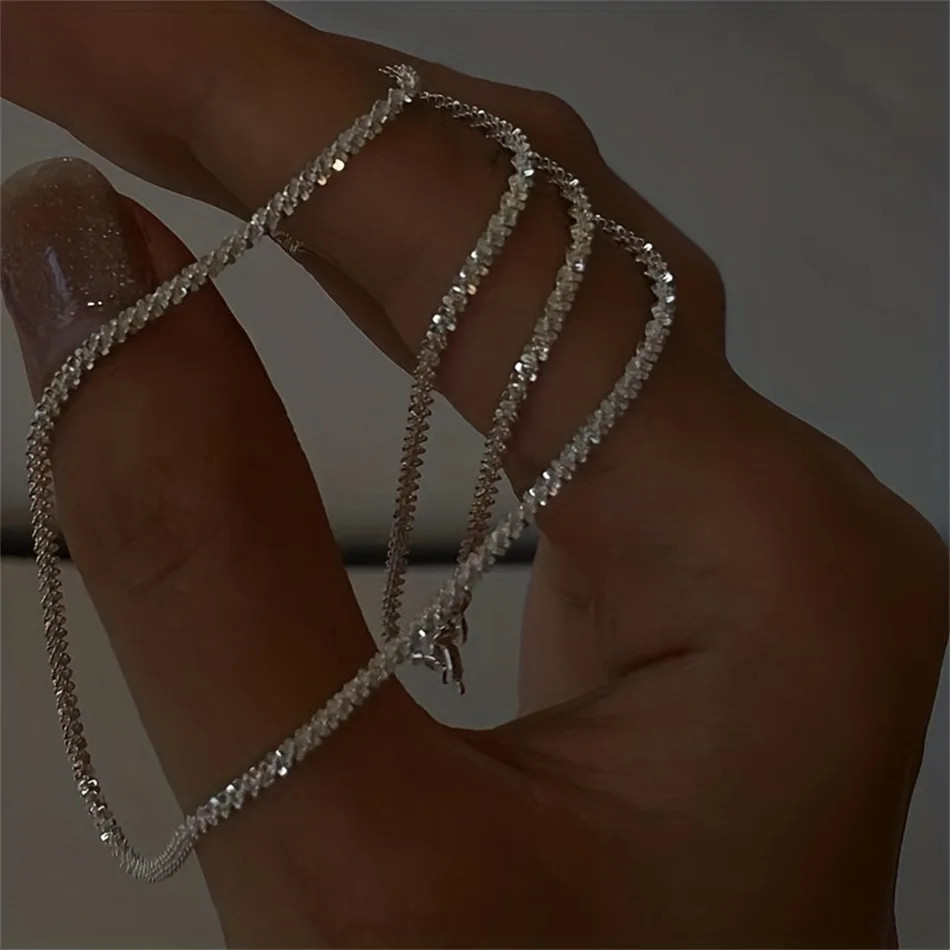 1Pc Authentic S925 Sterling Silver Necklace 2Mm Sparkling Collarbone, Sweater Ch