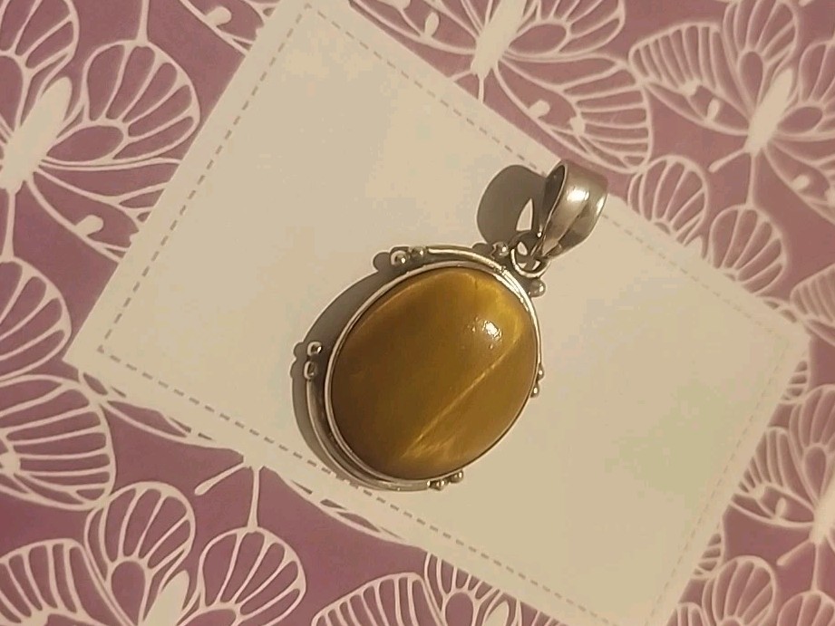 Natural Golden Tiger’s Eye Gemstone Cabochon Pendant in 925 Sterling Silver