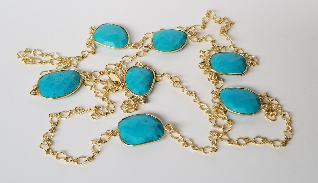 Natural Blue Gemstone, Gold over 925 Sterling Silver Station Necklace 36 In