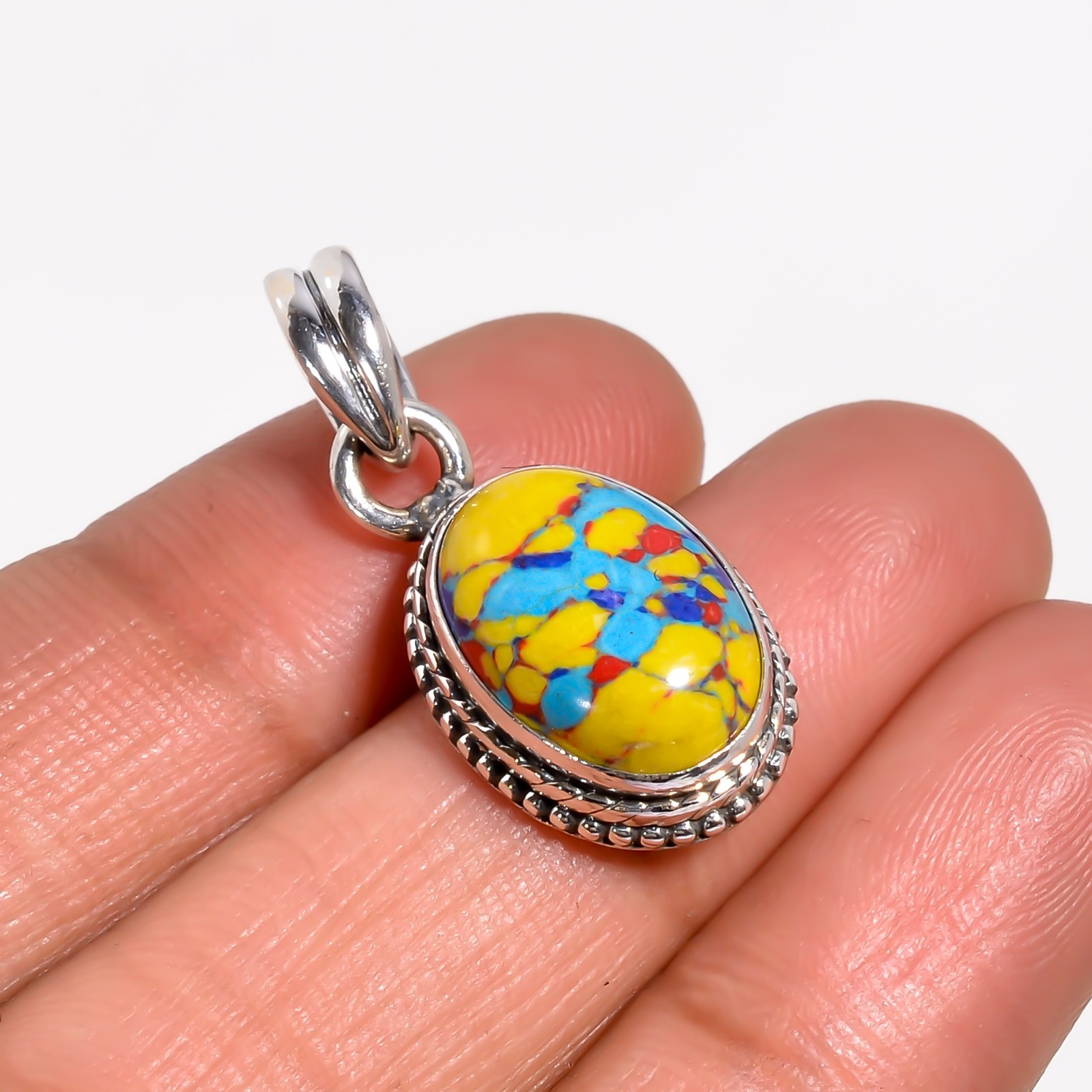 Handmade Yellow Mosaic Jasper Silver Pendant, Boho Anniversary Gift for Her