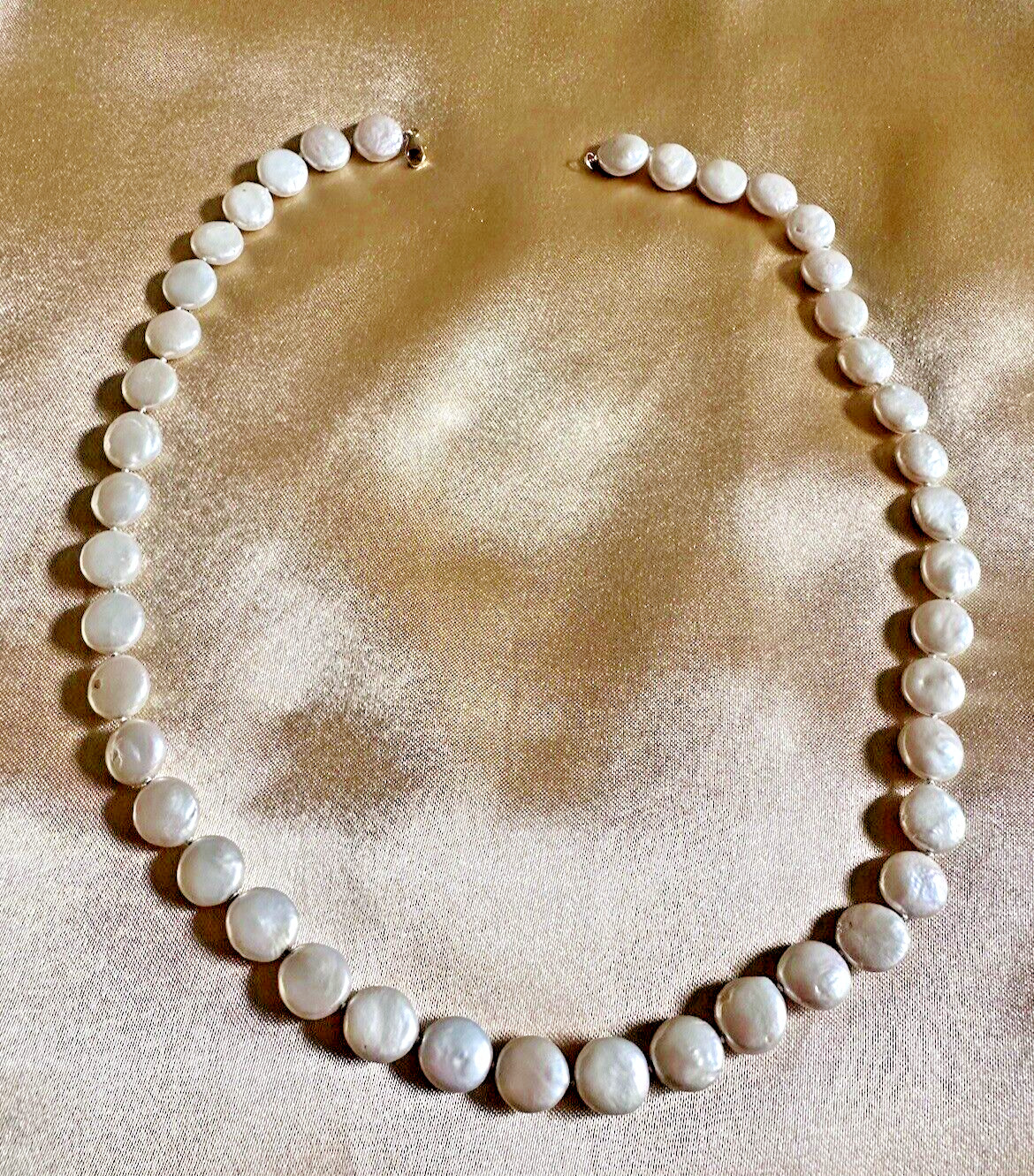 High Luster Freshwater 11mm Coin Pearl Knotted Necklace w 14K Clasp 22.75″