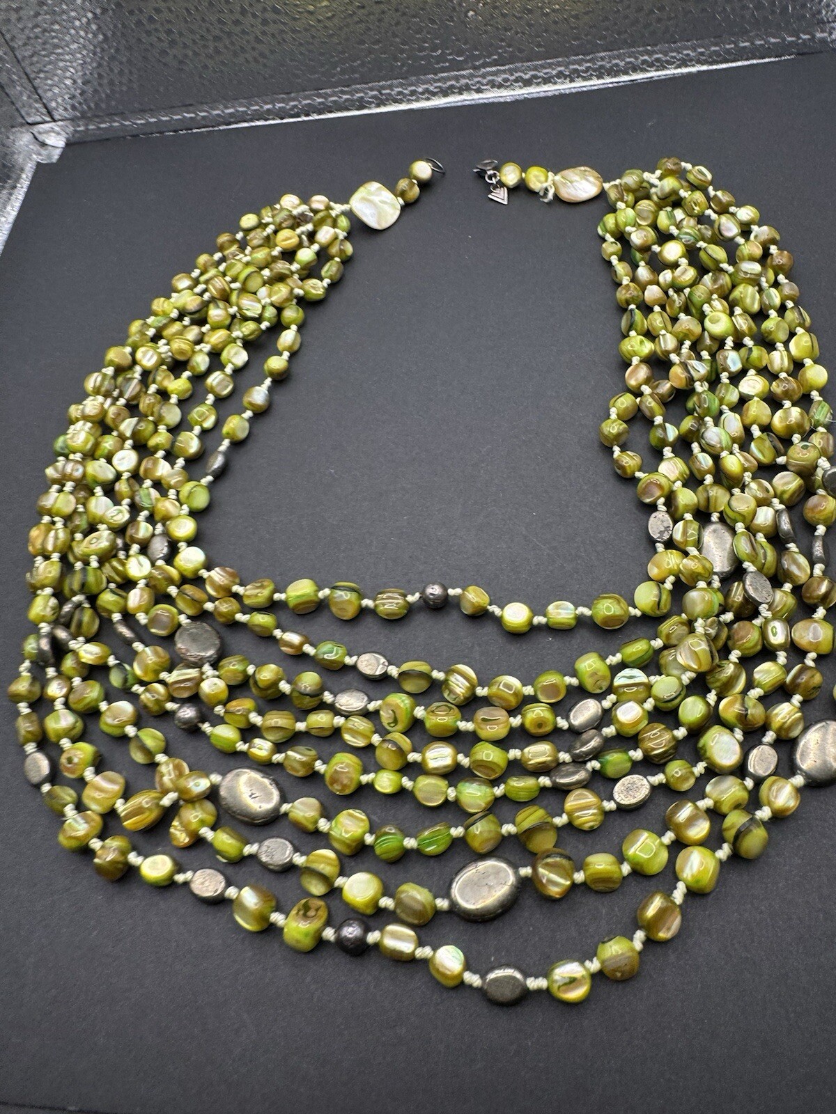 SILPADA Green Mother Of Pearl MOP 8 Strand Necklace Pyrite Knotted Silk 925